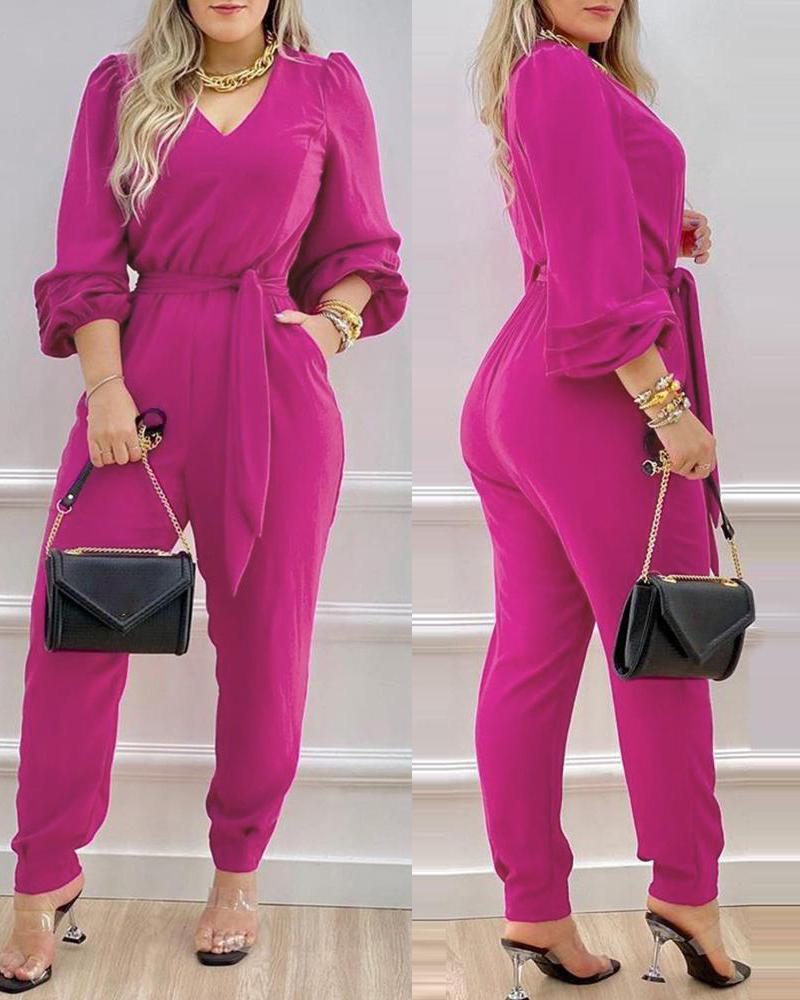 

Puff Lantern Sleeve Tied Detail Jumpsuit, Purple