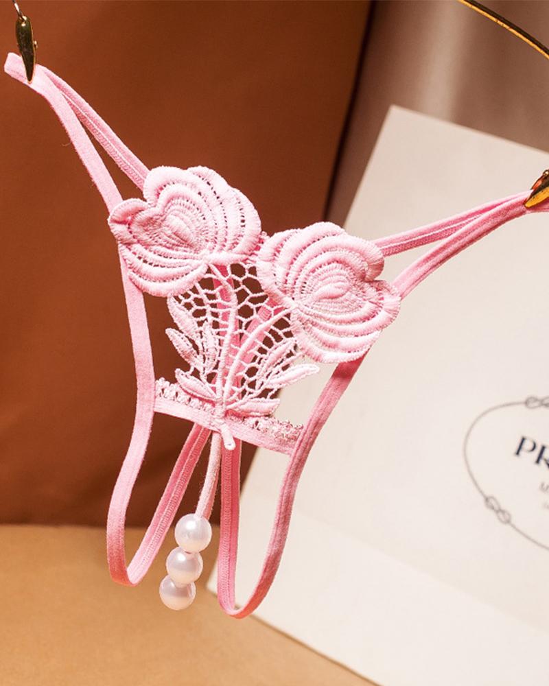 

Sexy Floral Embroidery Splicing Pearls Cut-out Panties, Pink