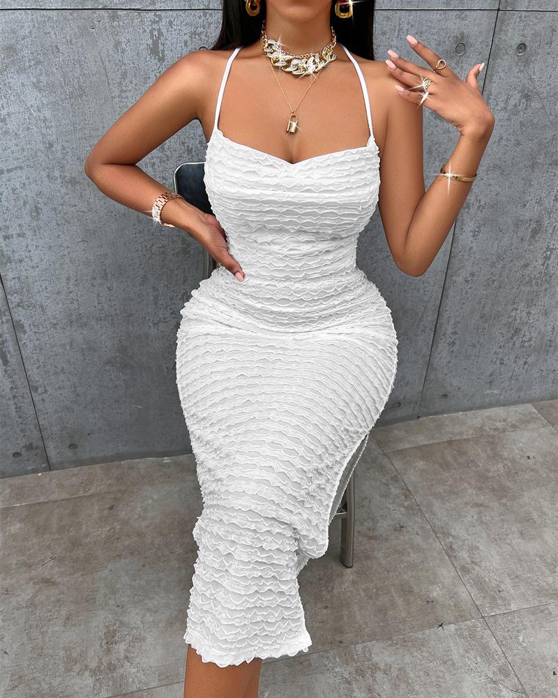 

Backless Tied Detail Slit Textured Bodycon Dress, White