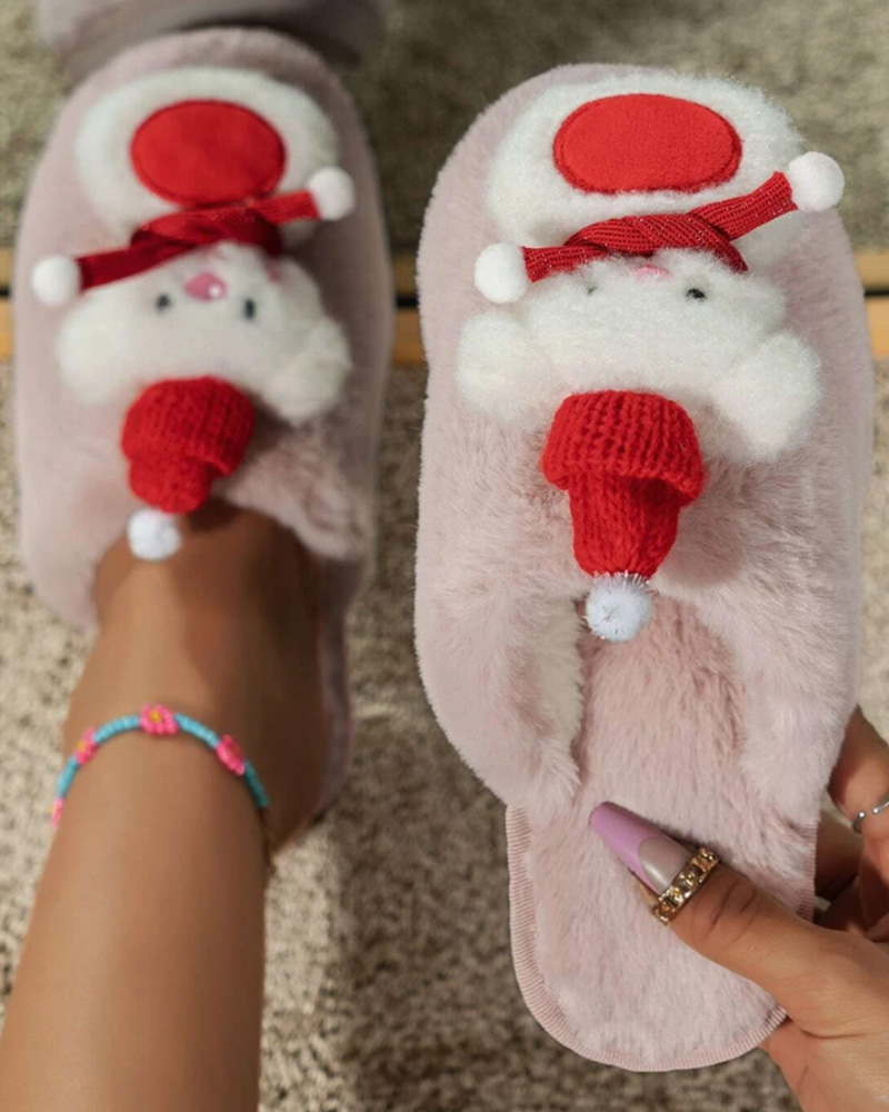 

Christmas Bear Snowman Pattern Fluffy Slippers, Pink