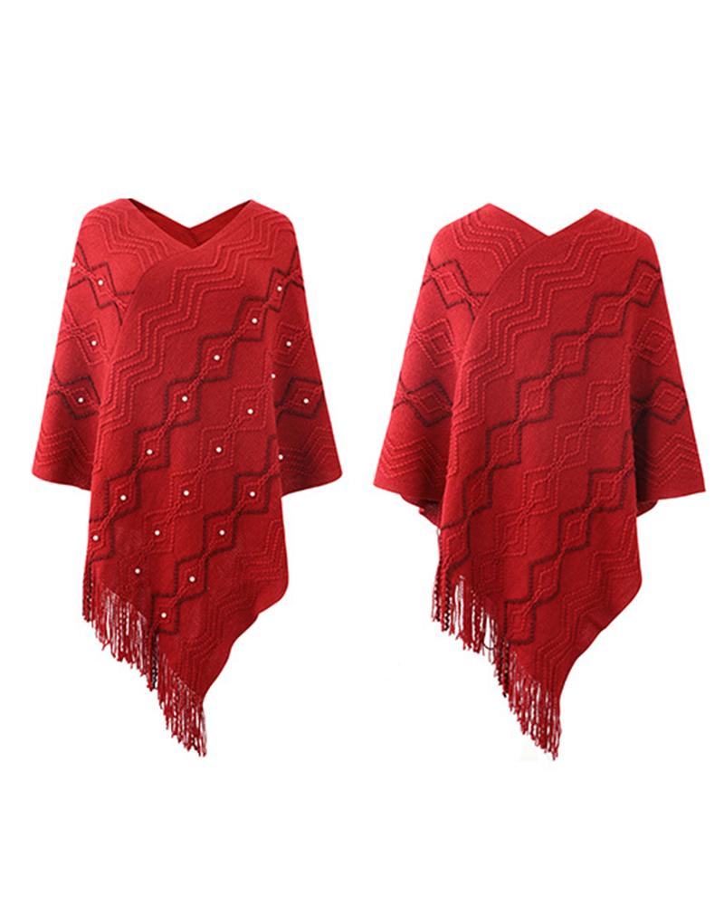 

Geometric Pattern Pearls Decor Tassel Design Knit Cape Sweater, Red