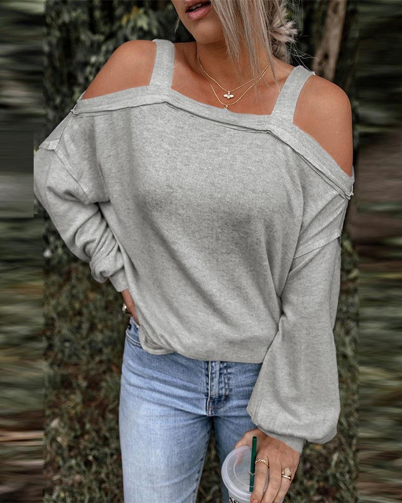 

Lantern Sleeve Cold Shoulder Top, Gray