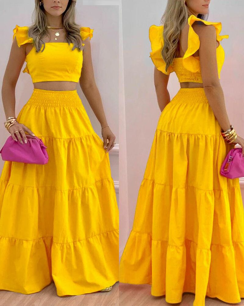

Shirred Back Crop Top & Maxi Skirt Set, Yellow