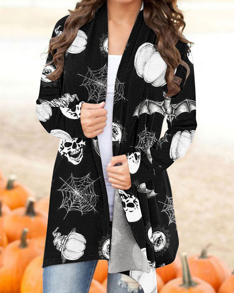 

Halloween Pumpkin Skull Print Open Front Coat, Black