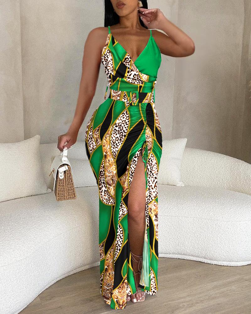 

Baroque Leopard Print High Slit Drawstring Maxi Dress, Green