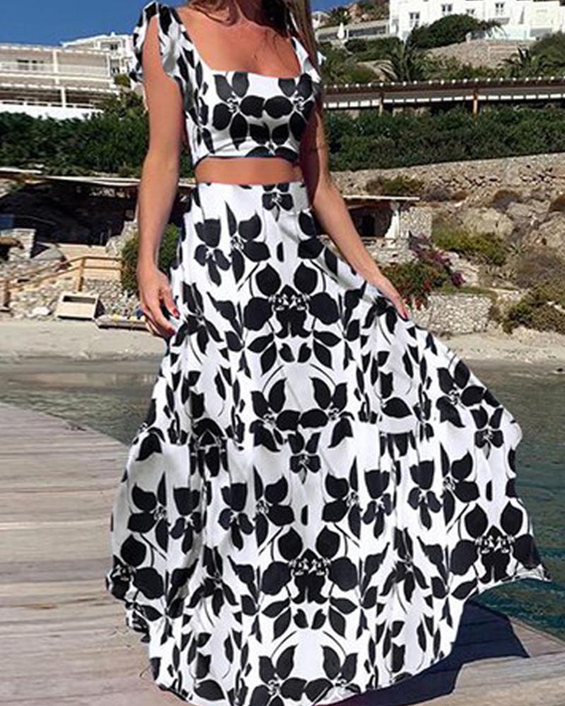 

Floral Print Sleeveless Strap Tanks With A-line Long Skirts Skirt Sets, Black