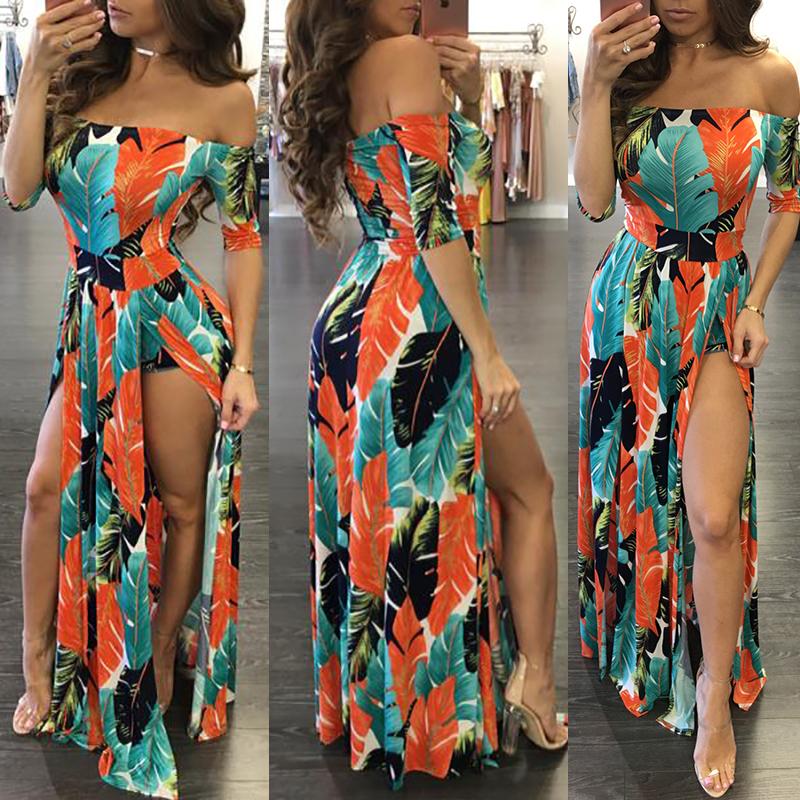 

High Slit Off Shoulder Print Maxi Romper Dress, Green