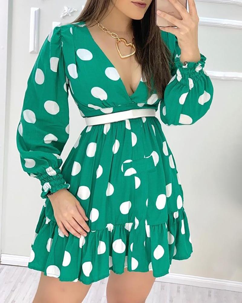 

Plunge Polka Dots Shirring Design Ruched Ruffles Casual Dress, Green