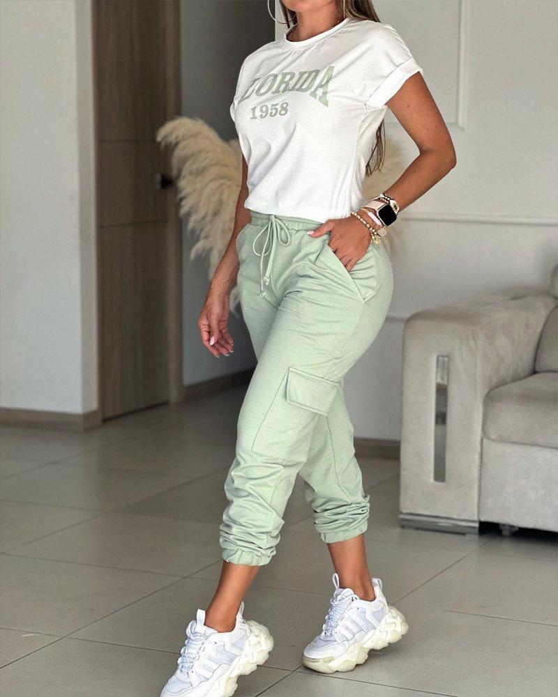 

Florida 1958 Print Top & Drawstring Cuffed Pants Set, Green