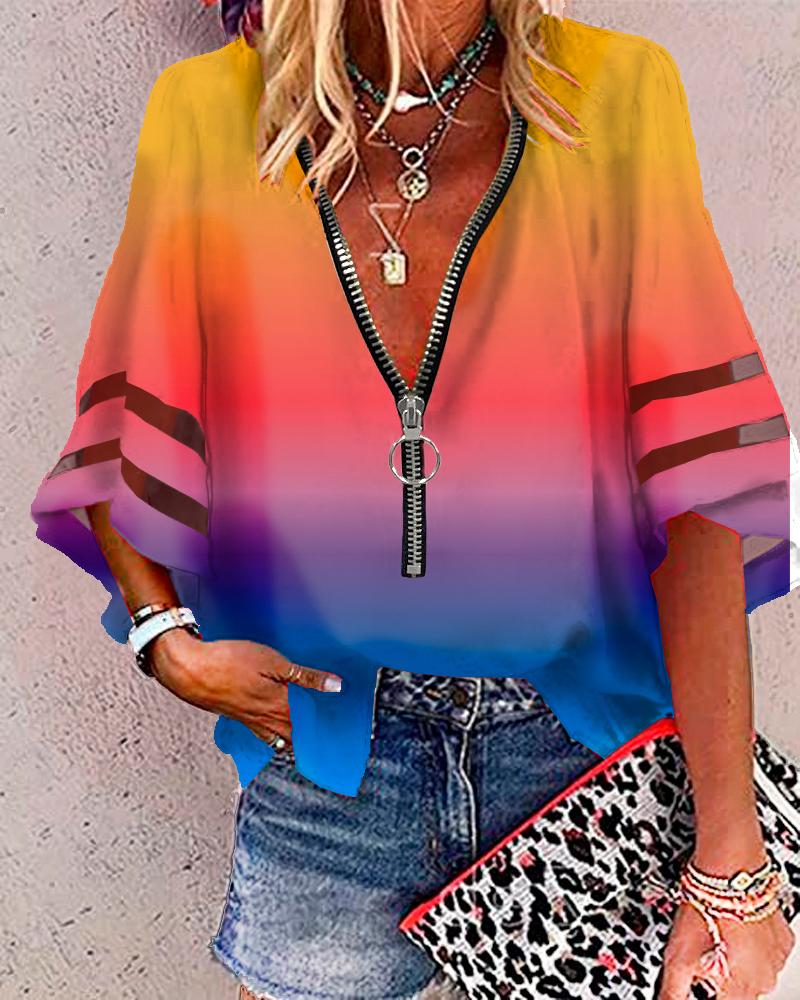 

Rainbow Ombre Bell Sleeve Zipper Front Top, Multicolor