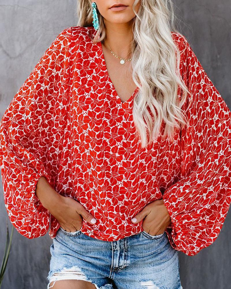 

Floral Print V-Neck Lantern Sleeve Top, Red