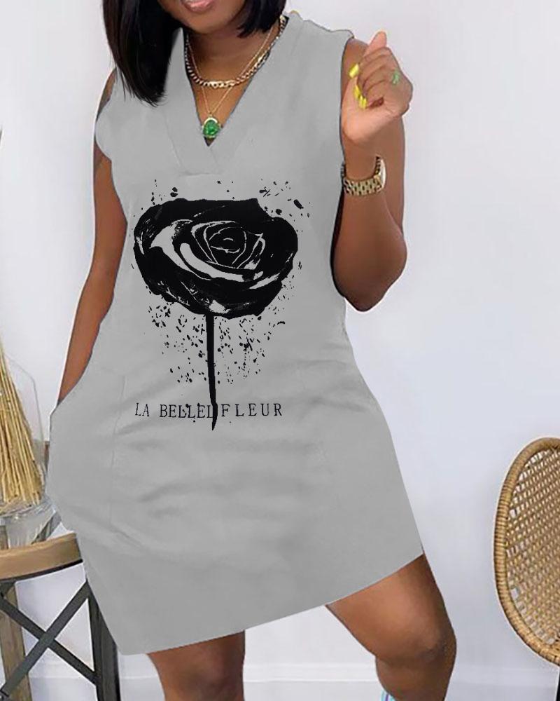 

Floral Print Pocket Design Sleeveless Casual Dress, Gray