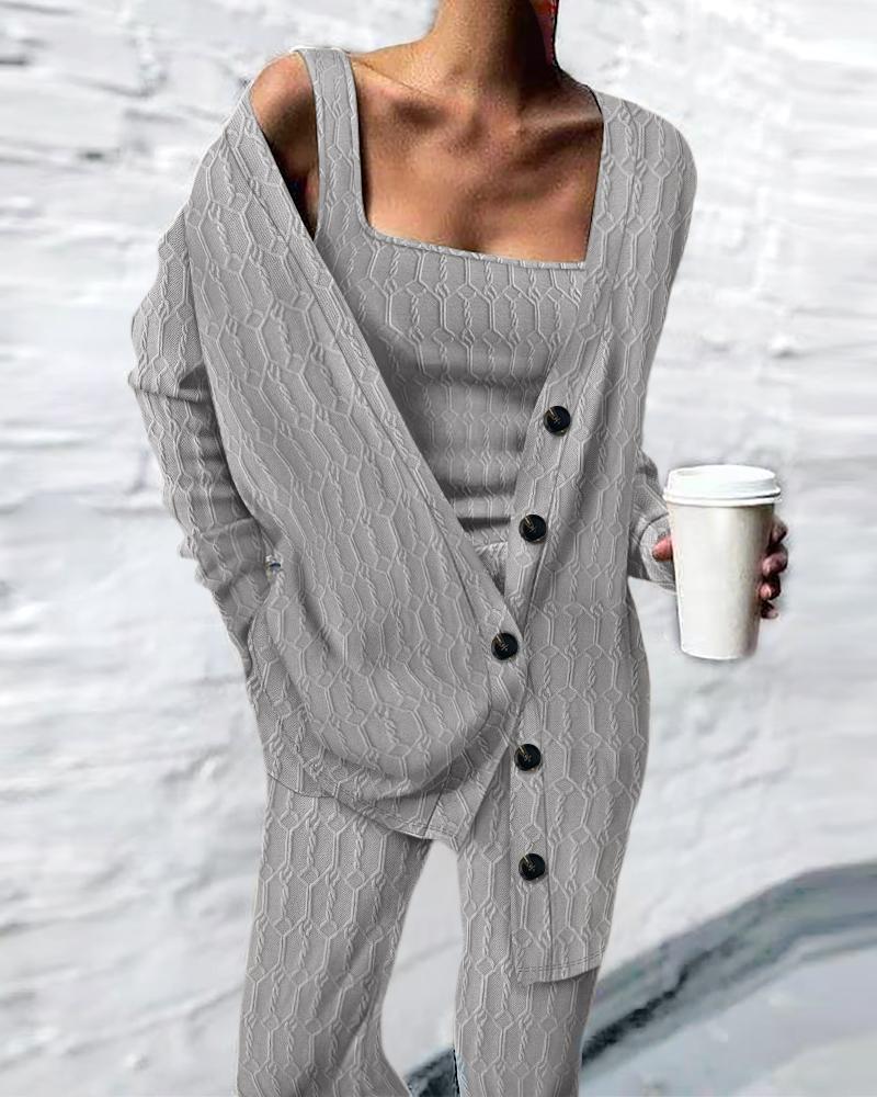 

Cable Textured Tank Top & Pants Set With Cardigan, Gray
