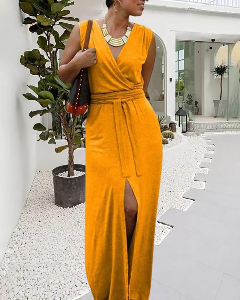 

V-Neck Tied Detail Slit Maxi Dress, Yellow