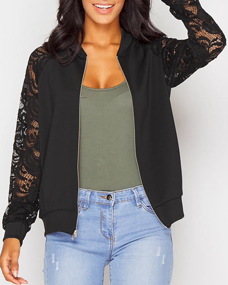 

Crochet Lace Zipper Design Long Sleeve Jacket, Black