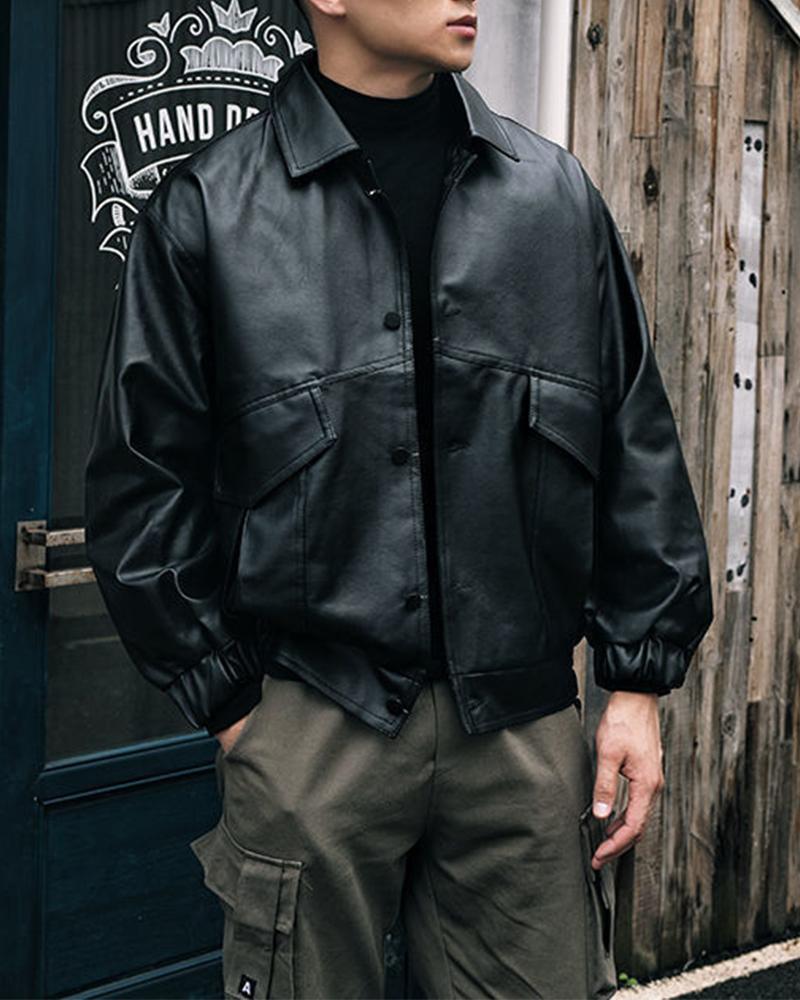 

Solid Color Long Sleeve PU Leather Jacket, Black