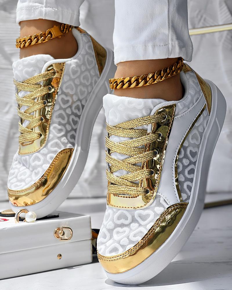

Heart Pattern Sheer Mesh Lace Up Casual Sneakers, Gold&white