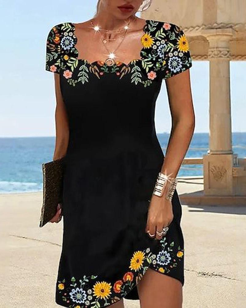 

Floral Print Scallop Trim Square Neck Casual Dress, Black