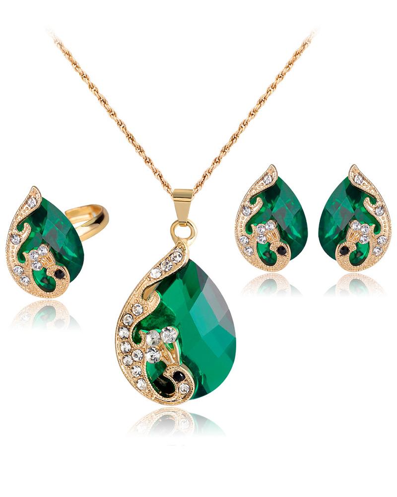 

3pcs Gem Stone Rhinestone Pendant Necklace & Earrings & Ring Jewelry Set, Green
