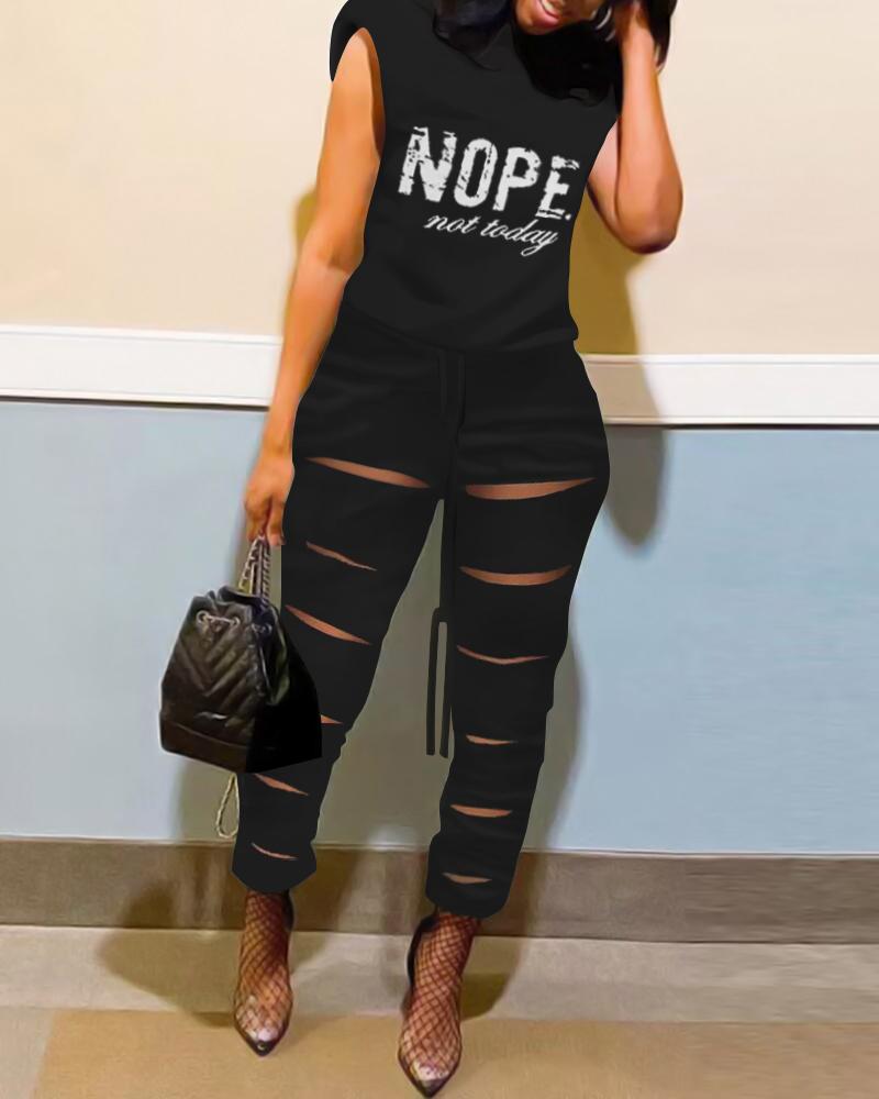 

Nope Not Today Print Top & Cutout Drawstring Pants Set, Black