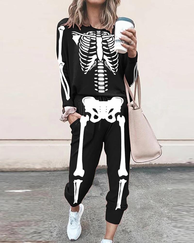 

Halloween Skeleton Print Top & Pocket Design Pants Set, Black