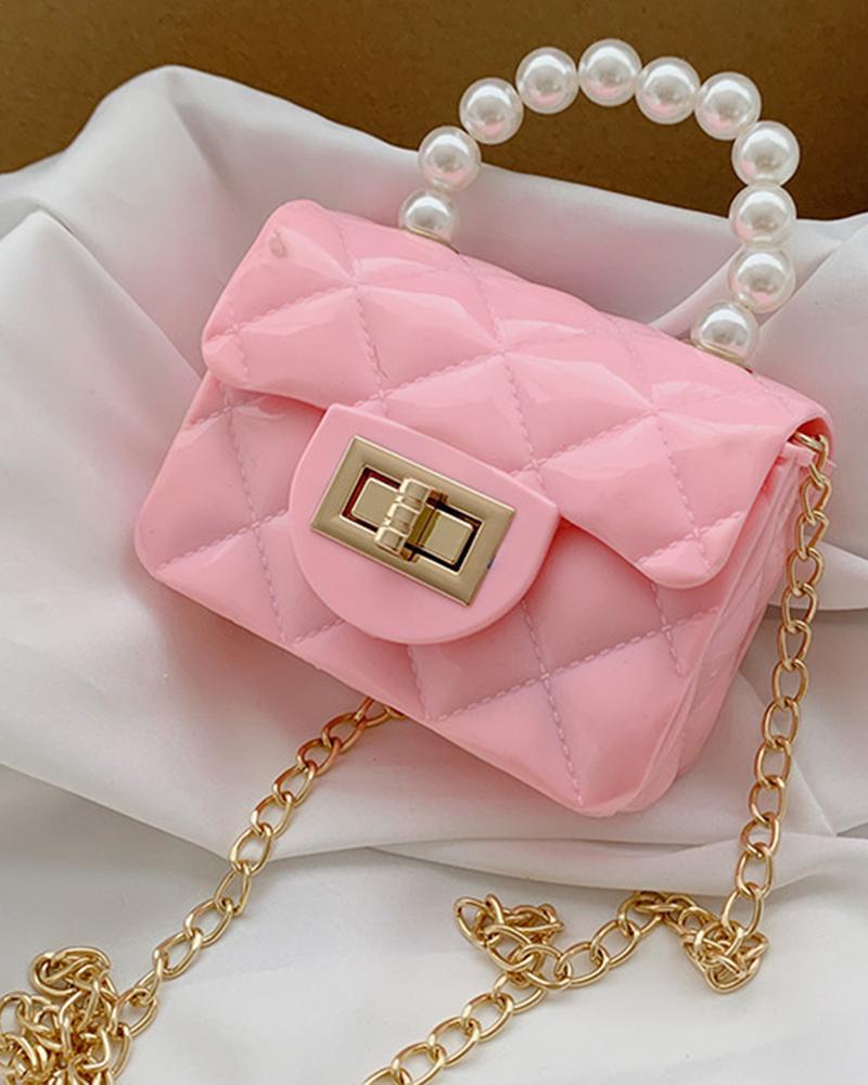 

Pastel Quilted Pearls Top Handle Chain Strap Mini Change Bag, Pink