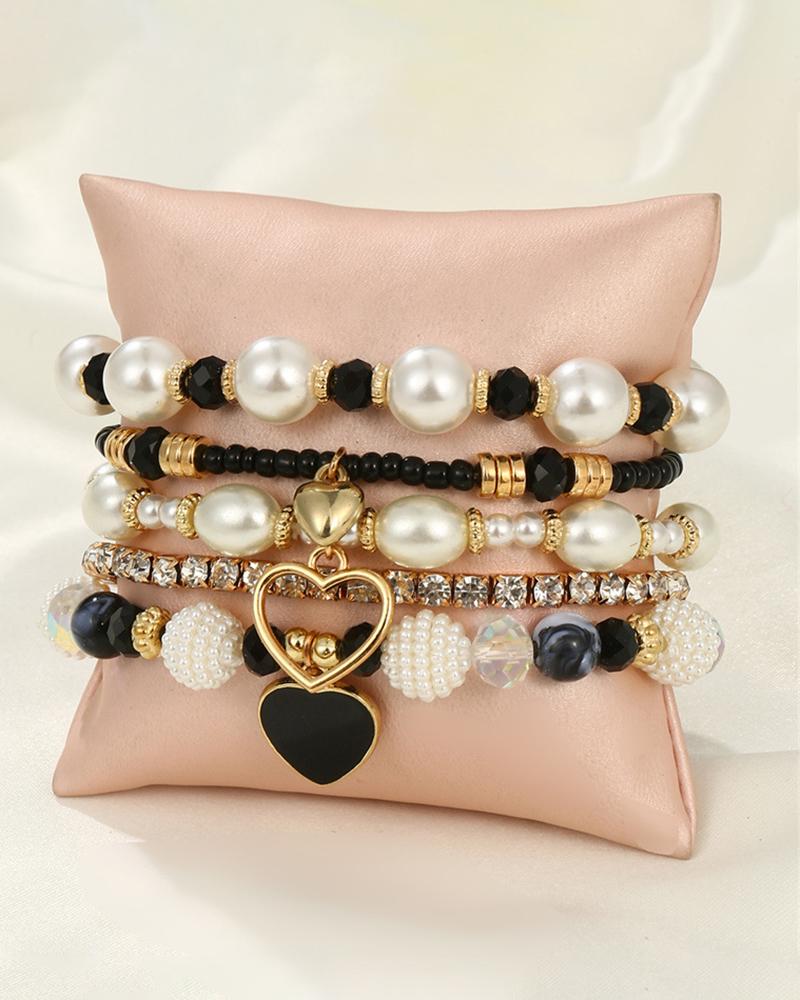 

5pcs Heart Pattern Beaded Pearls Rhinestone Decor Bracelets Set, Black