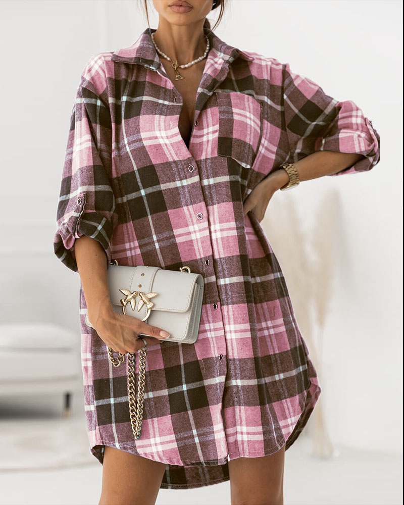 

Plaid Print Roll Up Sleeve Button Down Shirt Dress, Pink