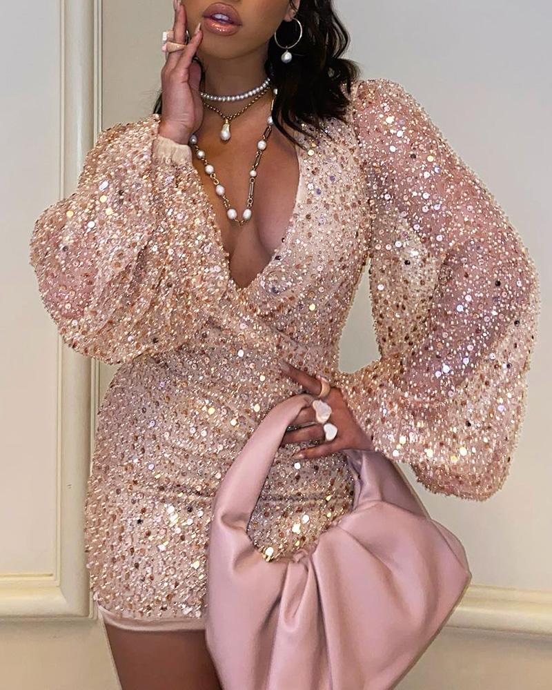 

Plunge Lantern Sleeve Allover Sequins Dress, Pink