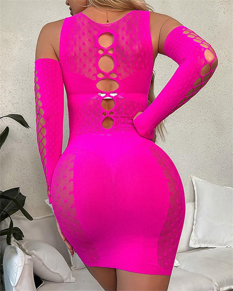 

Hollow Out Stocking Babydoll With Sleeves, Hot pink