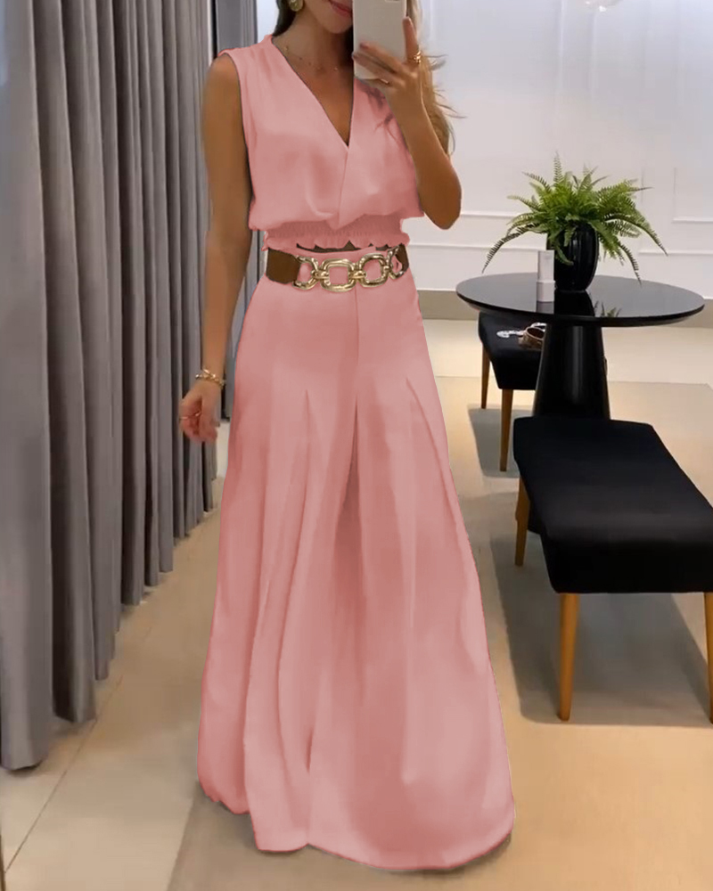 

V-Neck Shirred Tank Top & Flared Pants Set, Pink