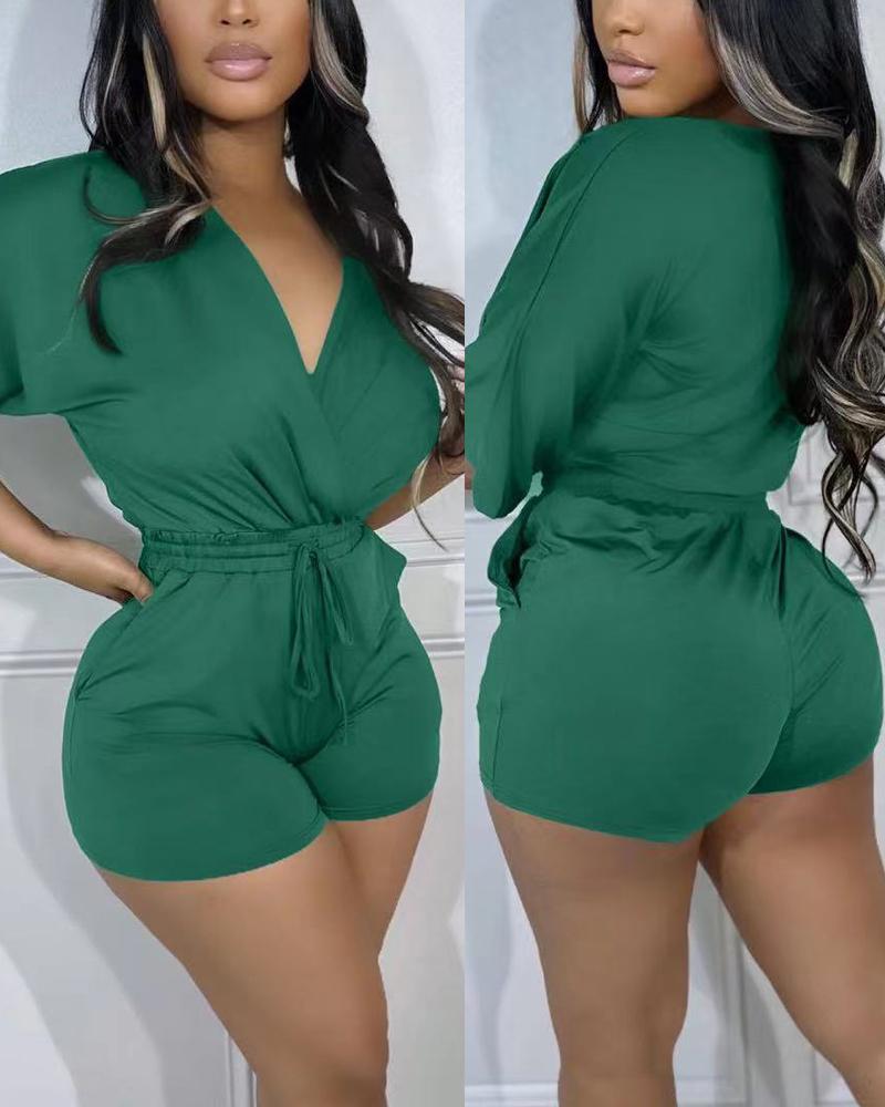 

V-Neck Drawstring Half Sleeve Romper, Green