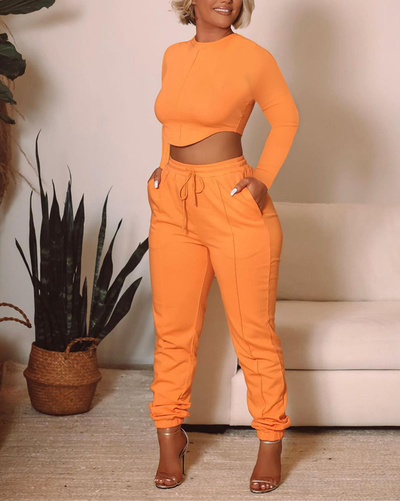 

Long Sleeve Crop Top & Drawstring Pants Set, Orange