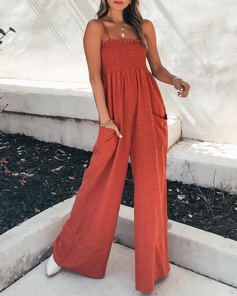 

Spaghetti Strap Plain Shirred Wide Leg Jumpsuit, Red