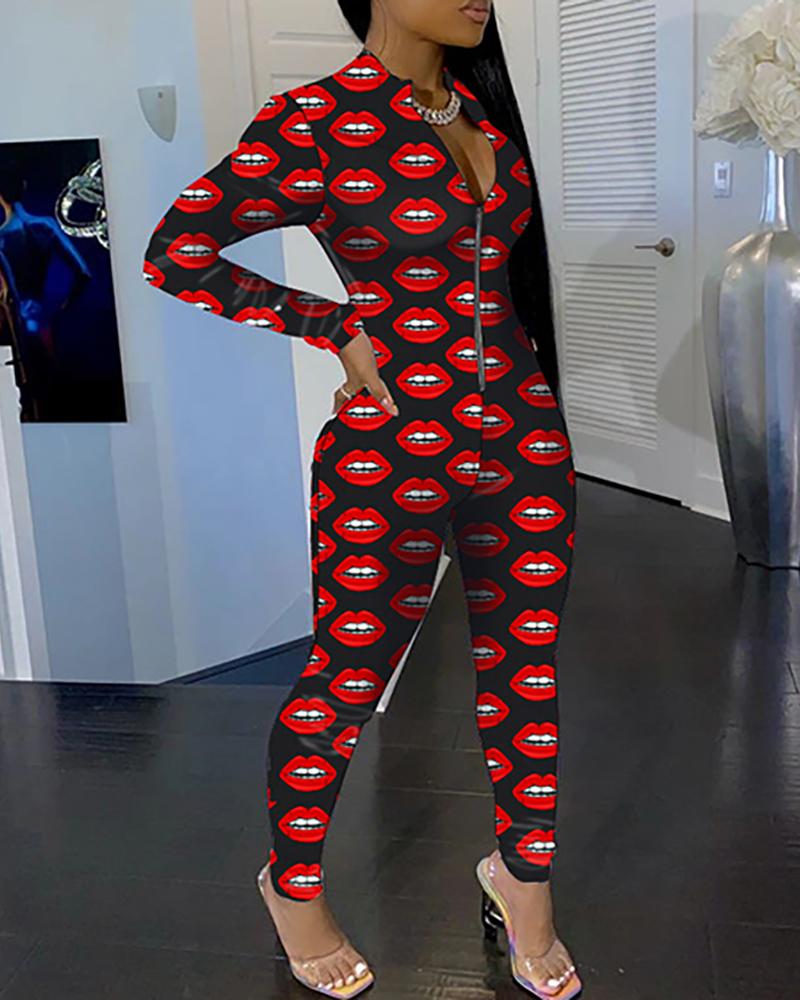 

Print Long Sleeve Zipper Design Jumpsuit, Black