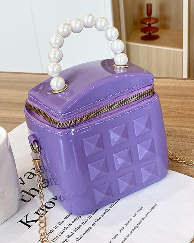 

Pearls Top Handle Square Bucket Handbag Crossbody Bag, Purple