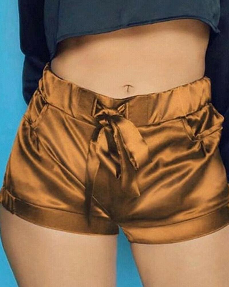 

Satin Drawstring High Waist Shorts, Brown