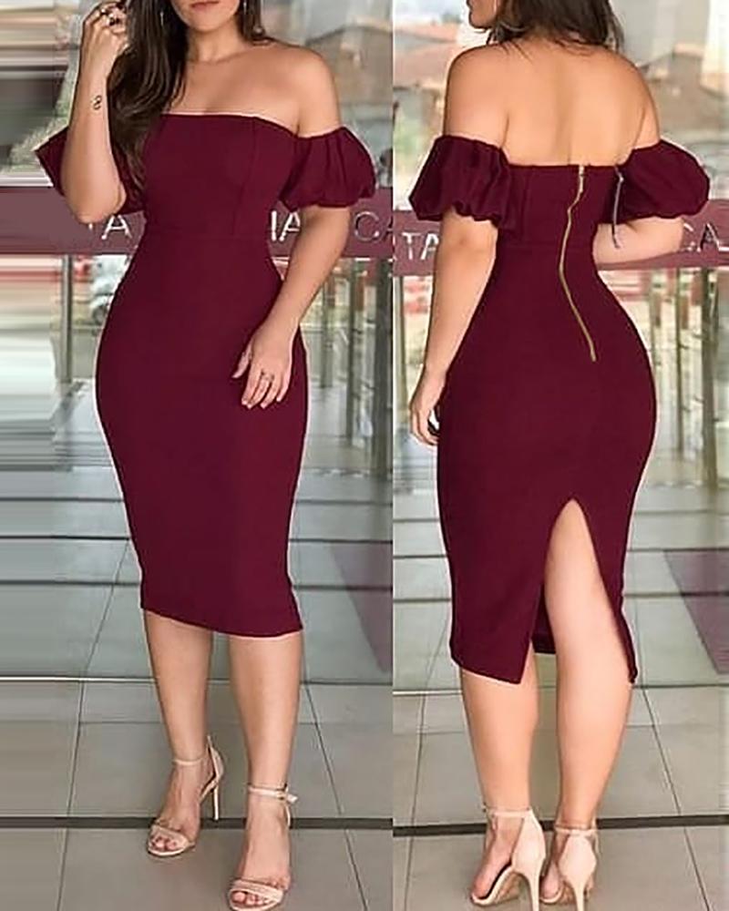 

Off Shoulder Plain Zipper Design Back Slit Dress, Dark red