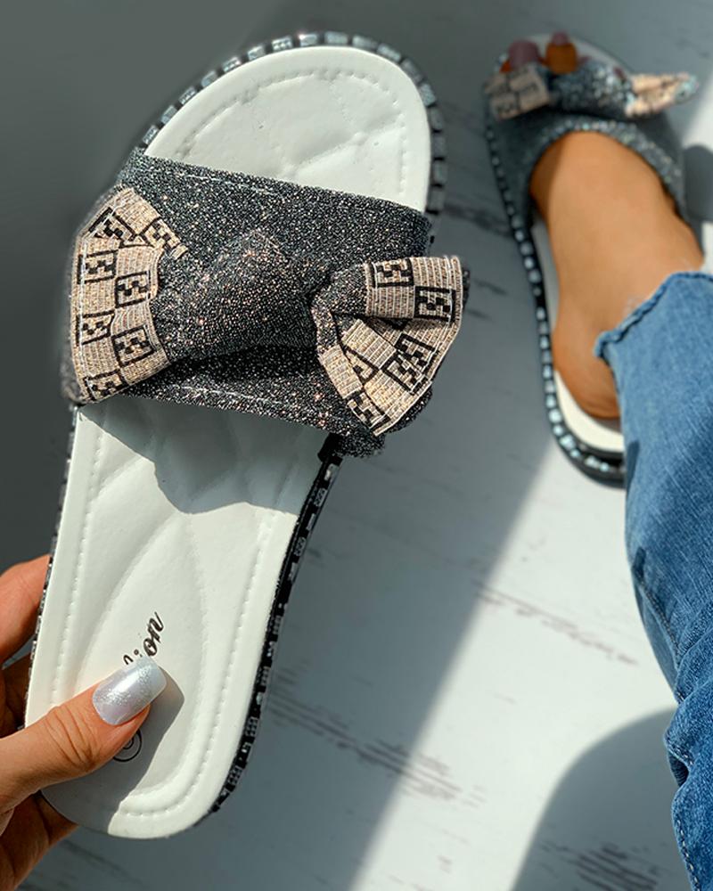

Glitter Bowknot Decor Colorblock Flat Sliders, Silver