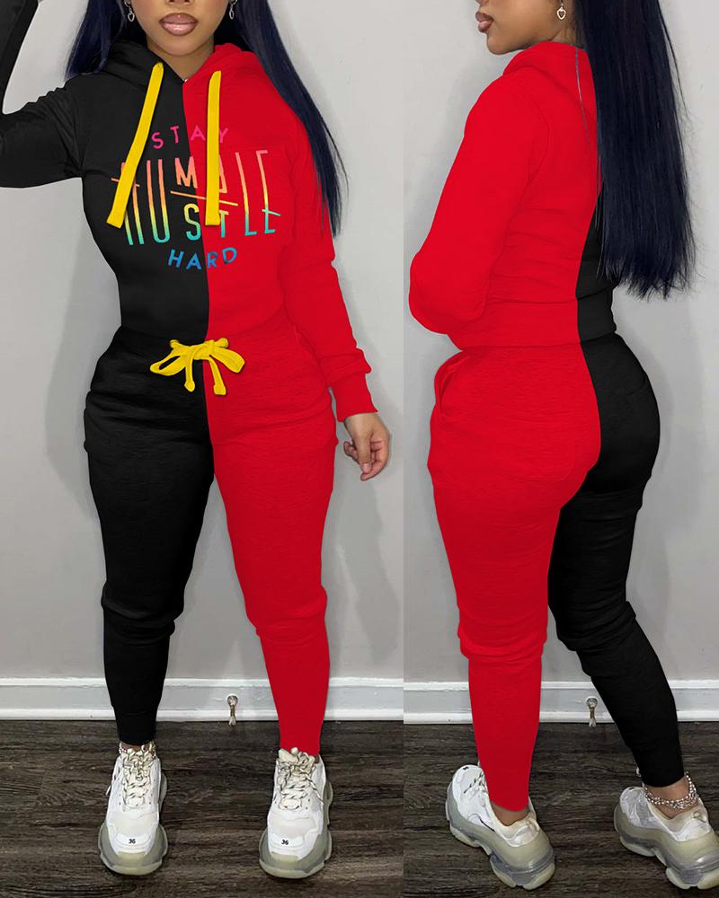 

Letter Print Colorblock Long Sleeve Hoodie & Pants Set, Multicolor