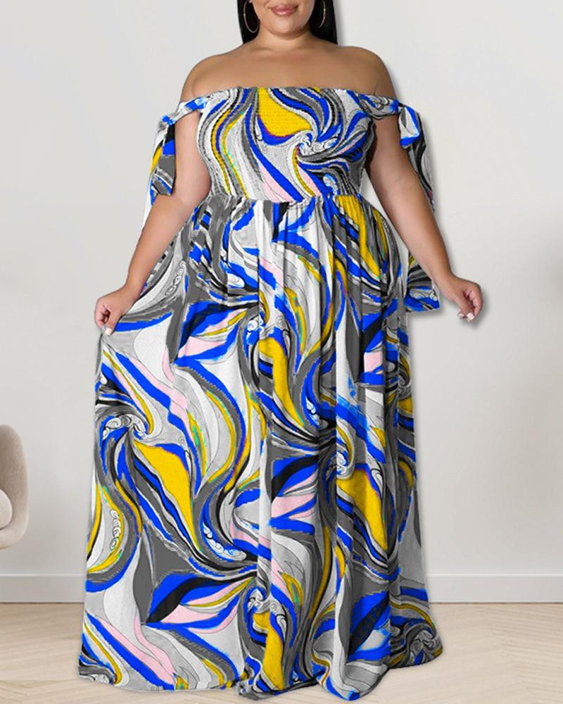 

Plus Size Abstract Print Tied Detail Shirred Maxi Dress, Blue