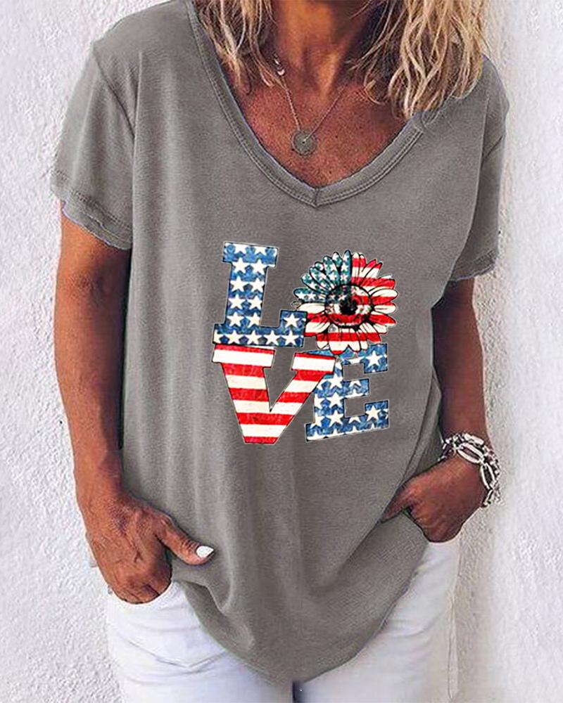 

Print V Neck Short Sleeve T-shirt, Gray