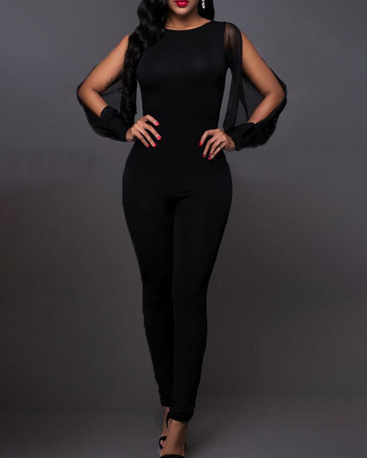 

Open Back Slit Sleeve Jumpsuit, Black