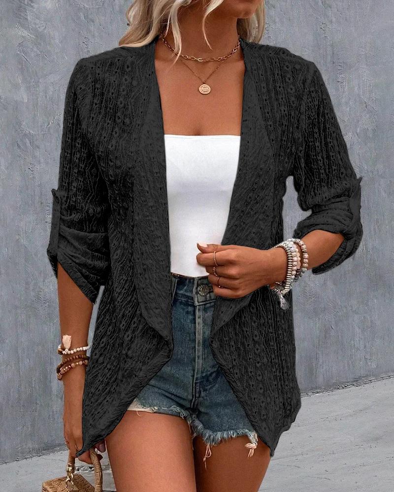 

Eyelet Embroidery Roll Up Sleeve Open Front Coat, Black