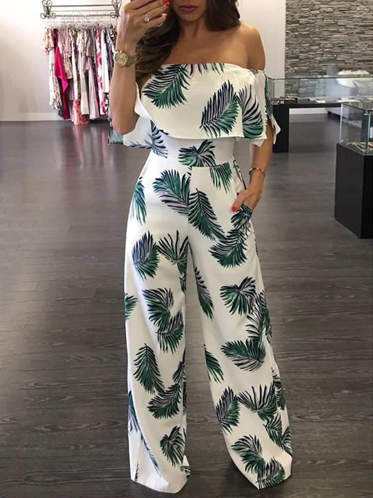 

Slash Neck Fashion Print Frilled Ruffles Off Shoulder Flared Wide Leg Jumpsuit, Green;blue