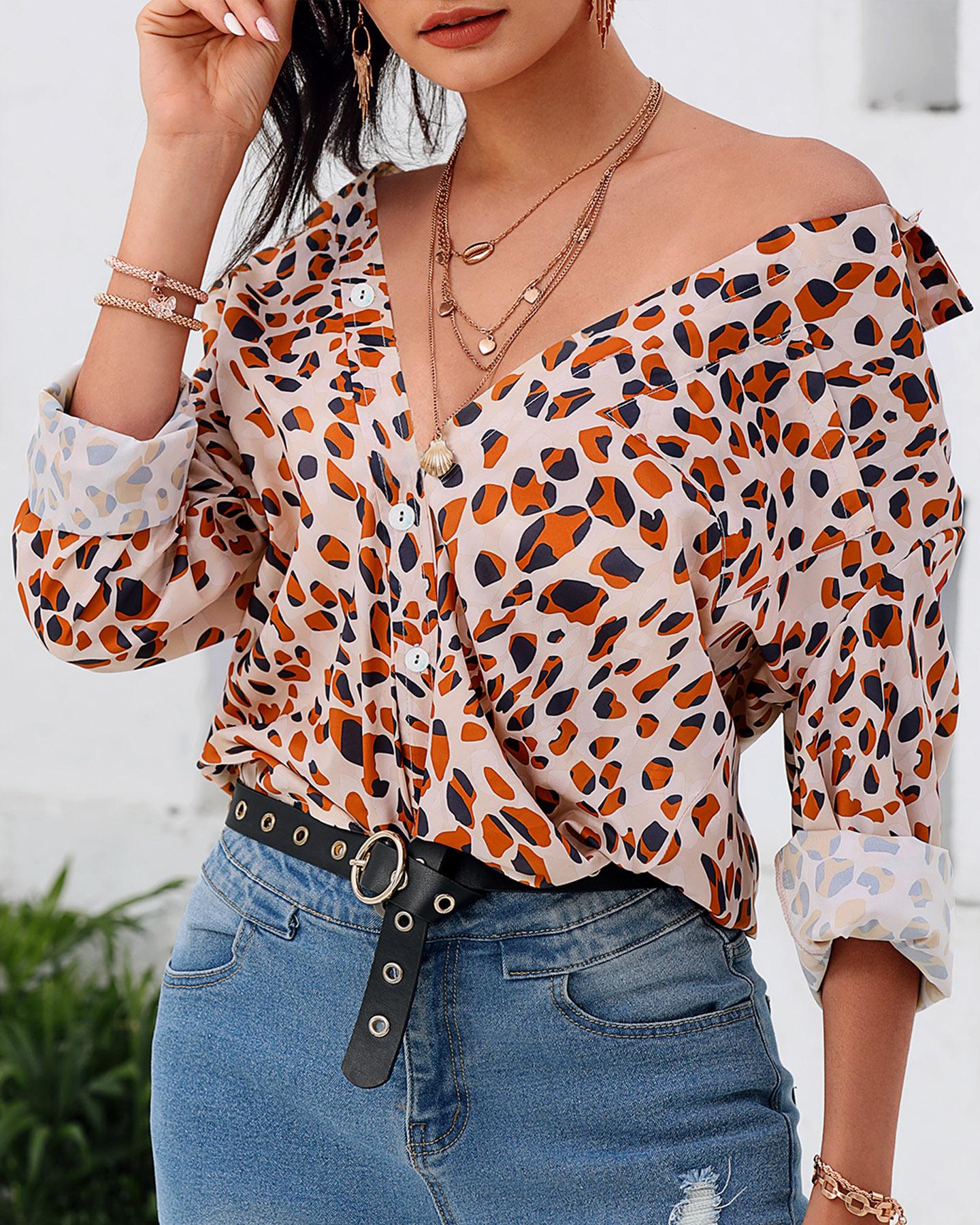 

Leopard Print V-Neck Button Up Casual Shirt, Brown