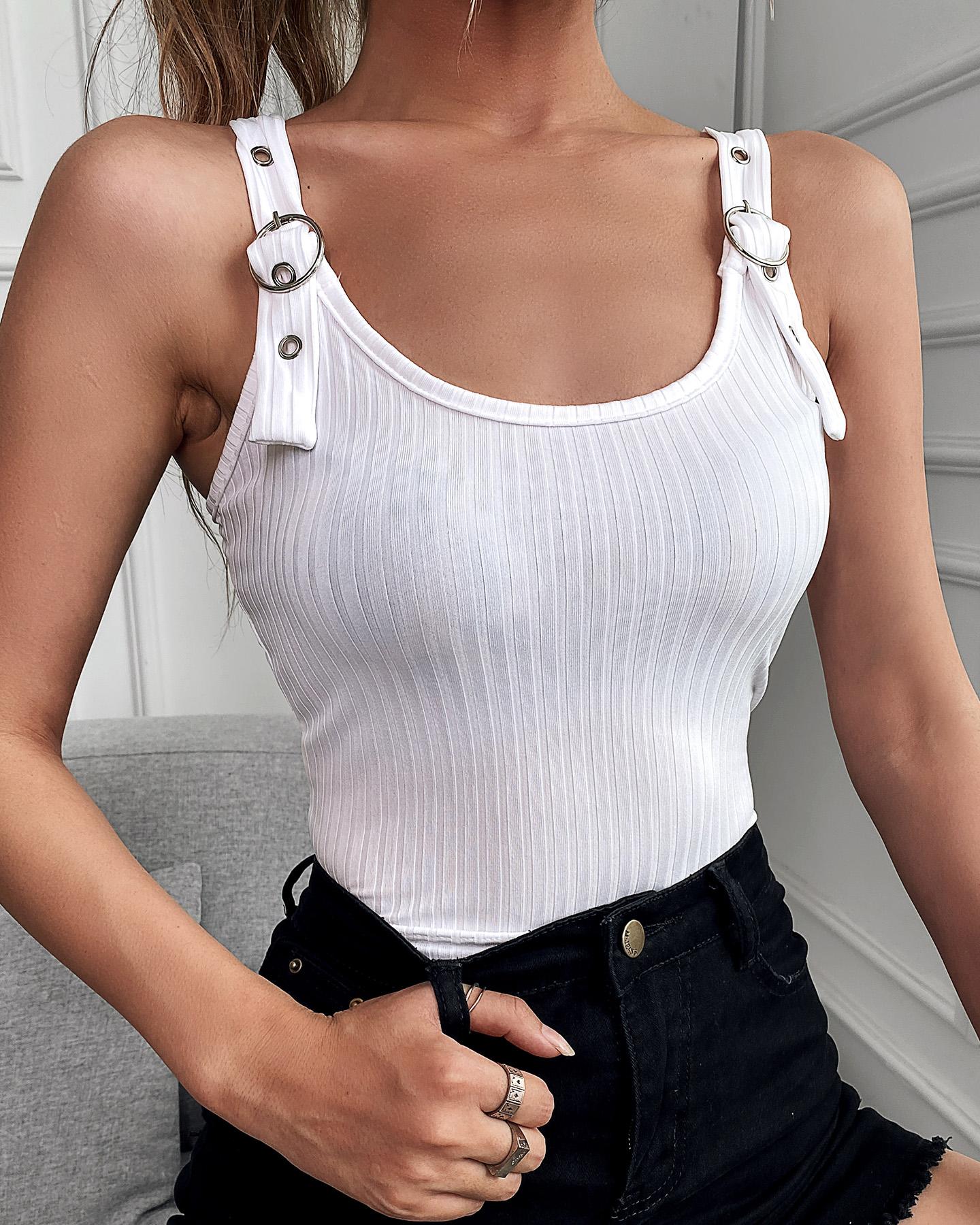 

Solid Thin Strap Eyelet Buckled Top, White