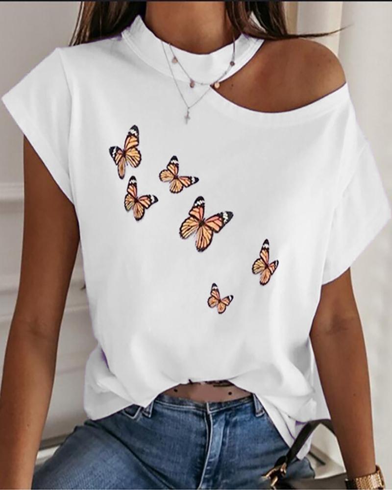 

Butterfly Print One Shoulder Casual T-shirt, White