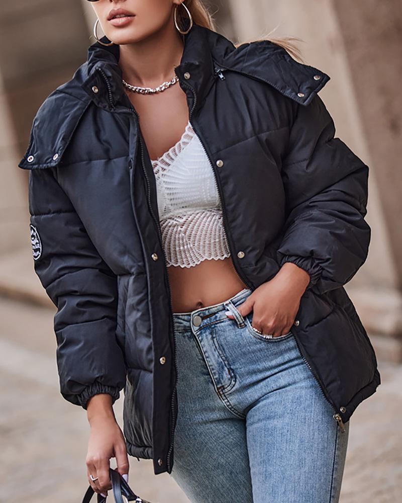 

Contrast Paneled Pocket Design Hooded Puffer Coat, Black