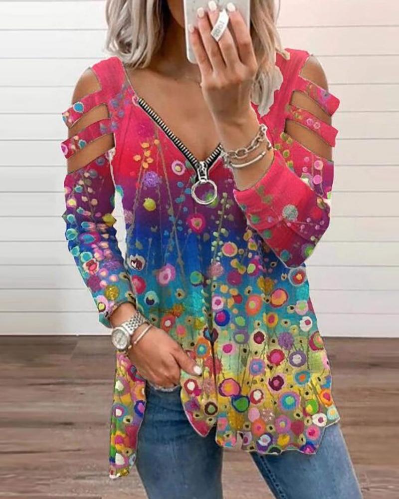 

Zip Front Cutout Sleeve Graphic Print Top, Multicolor